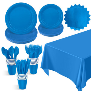 新款深蓝色餐具套装纸杯纸盘纸巾桌布一次性餐具纯色派对装饰用品