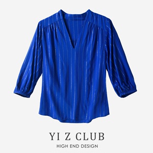 Yi Z CLUB 时尚克莱因蓝亮丝辑线V领7分袖衬衫有大码春夏女装0.23