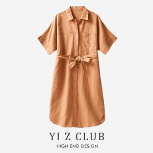 Yi Z CLUB 法式风腰带收腰暗扣开身亚麻衬衫连衣裙子春夏女装0.38