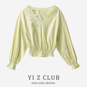 Yi Z CLUB 刺绣花边V字领花苞袖收腰短款天丝棉衬衫秋冬女装0.14