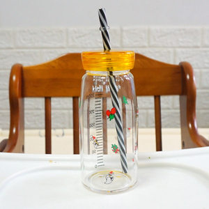 耐高温便捷吸管玻璃杯儿童奶瓶透明果汁水杯宝宝奶瓶外带水杯