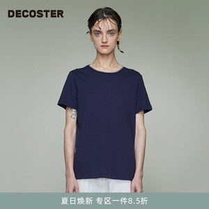 DECOSTER/德诗春季新款品牌女装简约藏青色纯棉圆领短袖T恤