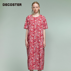 DECOSTER/德诗春季新款品牌女装时尚酒红印花纯棉短袖连衣裙