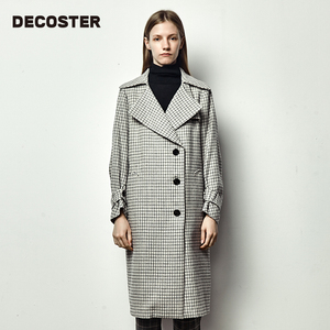 DECOSTER/德诗春季新款品牌女装时尚灰色中长款格子羊毛大衣