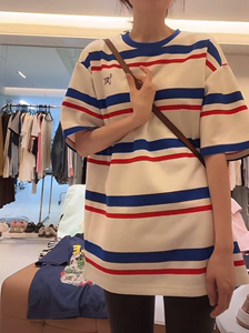 卡通小狗刺绣条纹短袖T恤女2024夏季新款潮流百搭显瘦中长款上衣