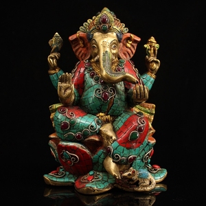 古玩收藏泰国纯铜镶嵌宝石象鼻财神印度财神象头神家居瑜伽馆摆件