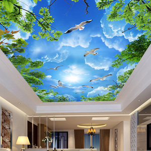 客厅卧室大型天顶3d壁纸吊顶天花板壁画墙纸画房顶棚绿色风景树枝