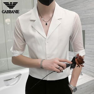 GABBANIE冰丝古巴领衬衫男短袖夏季薄款韩版潮流痞帅白色半袖衬衣