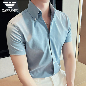 GABBANIE高级感网红大V领衬衫男士短袖夏季雅痞帅气韩版蓝色衬衣