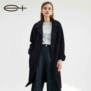 一嘉 e＋冬季新款品牌女装时尚藏青色羊毛呢外套系腰带中长款大衣