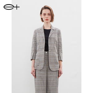 一嘉 e＋春季新款品牌女装米灰色格纹复古英伦风长袖西装外套