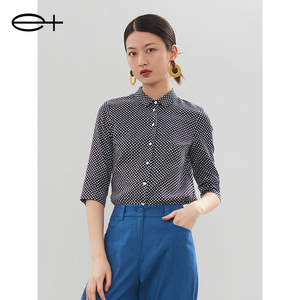 一嘉 e＋夏季新款品牌女装藏青色显瘦小翻领纯棉格纹五分袖衬衫