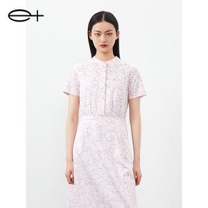 一嘉 e＋夏季新款品牌女装时尚创意印花浅粉色衬衫式连衣裙