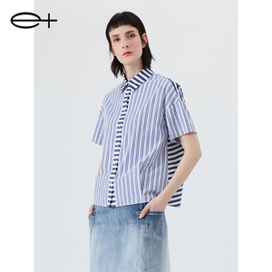 一嘉 e＋夏季新款品牌女装浅蓝色横竖条纹纯棉拼接短袖衬衫