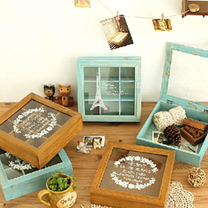 zakka杂货做旧多格玻璃亚克力盖子收纳盒装饰礼品木盒 首饰展示盒