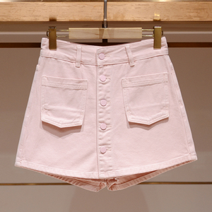 粉色裙裤女冬卓雅2024夏季新款单排扣高腰显瘦甜美牛仔阔腿短裤子