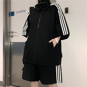 运动休闲套装黑色两件套女夏季新款韩版ins宽松短袖外套+短裤学生
