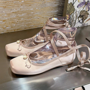 2024年新款法式芭蕾舞鞋女外穿真皮蝴蝶结脚腕绑带平底玛丽珍女鞋