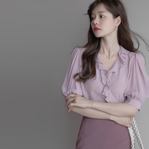 UMOOIE   罗兰红    韩式荷叶边装饰叠片上衣    衬衫