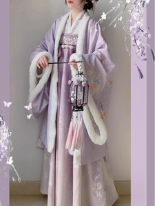 汉服女冬新款加绒加厚大袖衫唐制齐胸破裙唐风汉元素紫色保暖套装