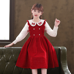 秋冬款小女孩生日裙女童红色连衣裙长袖娃娃领冬季儿童洋气公主裙