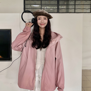 韩系粉色冲锋衣外套女春秋2024新款工装风衣洋气时髦小众宽松夹克