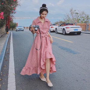 粉色雪纺连衣裙女夏季拖尾设计小众2024新款气质仙女鱼尾衬衫长裙