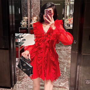 BETTER LS 度假风长袖v领雪纺连衣裙设计感木耳边仙女裙红色裙子