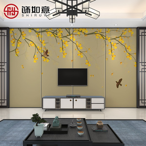 新中式花鸟银杏叶低奢电视背景墙硬包定制客厅沙发卧室床头软包