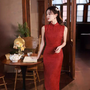 提花棉麻无袖中国风复古改良长款红色旗袍新中式优雅低开衩旗袍