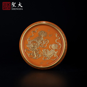 圣大陶瓷珊瑚红地堆金狮子绣球纹盖置茶壶托盖手工景德镇茶具配件
