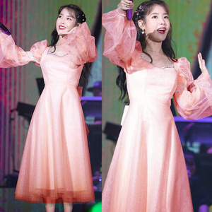 韩国iu李知恩明星同款粉色网纱泡泡袖连衣裙方领礼服显瘦超仙女裙
