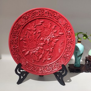 扬州漆器红色台屏剔红雕漆圆盘摆件乔迁祝福送朋友可定制印字礼品