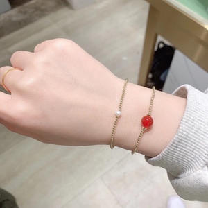 【沐琪珠宝】14k包金小金珠天然红玛瑙珍珠简约细手链韩版女手链