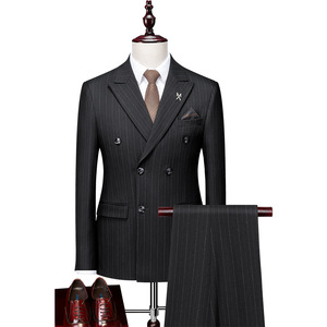 正品新款休闲三件套戗驳领西装韩版条纹黑色礼服修身男式西服套装