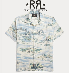 现货RRL夏威夷海岛度假风艺术印花拼接网红爆款夏季短袖露营衬衫