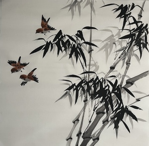 水墨竹鸟 纯手绘写意国画 生宣尺寸69×69厘米四尺对开竹 麻雀