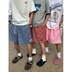 CGGA原创美式格子五分短裤男女夏季宽松透气速干薄款抽绳沙滩裤