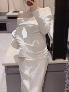 小香风白色一字肩连衣裙女2023秋冬季新款法式茶歇高级感气质长裙