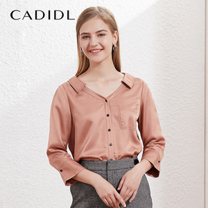 卡迪黛尔秋季新款V领七分袖粉色衬衫韩版气质时尚宽松上衣