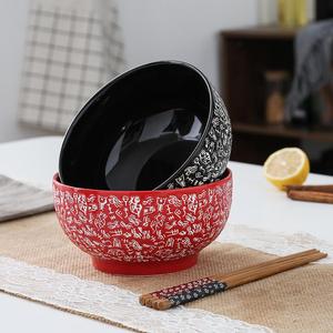 面碗情侣款7英寸手绘黑色红色陶瓷中式釉下彩宫廷风可入微波炉碗