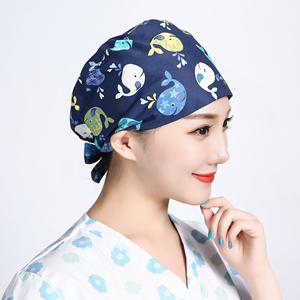 巧护士 海豚花纯棉印花手术室帽子男女通用美容师包头卫生防尘帽