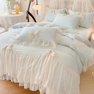 韩式公主风四件套全棉纯色床单少女雪纺花边被套床笠纯棉床上用品