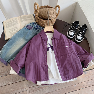 儿童紫色衬衫2024春装新款帅气男童翻领长袖衬衣薄外套韩版宽松潮
