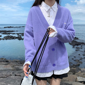 日系学院浅紫色毛衣女香芋紫ins少女超仙洋气软糯v领针织开衫外套