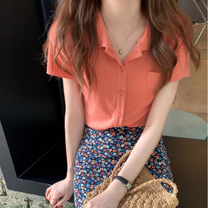 奶橘色短袖t恤女日系学生小个子翻领脏橘色上衣修身显瘦打底衫女