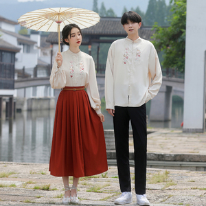 中国风情侣秋季长袖套装文艺复古民族风上衣女裙子学生班服两件套