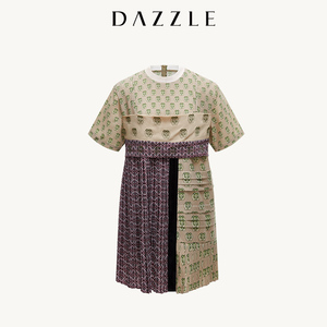 DAZZLE地素 2022夏装新款假两件小众设计感印花拼接短袖连衣裙女