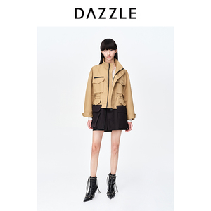DAZZLE地素秋装复古休闲拼色中长款卡其色风衣工装外套夹克上衣女