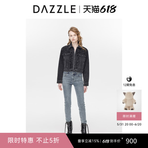 DAZZLE地素 短外套春秋新款女装摩登木耳边设计感黑色牛仔上衣